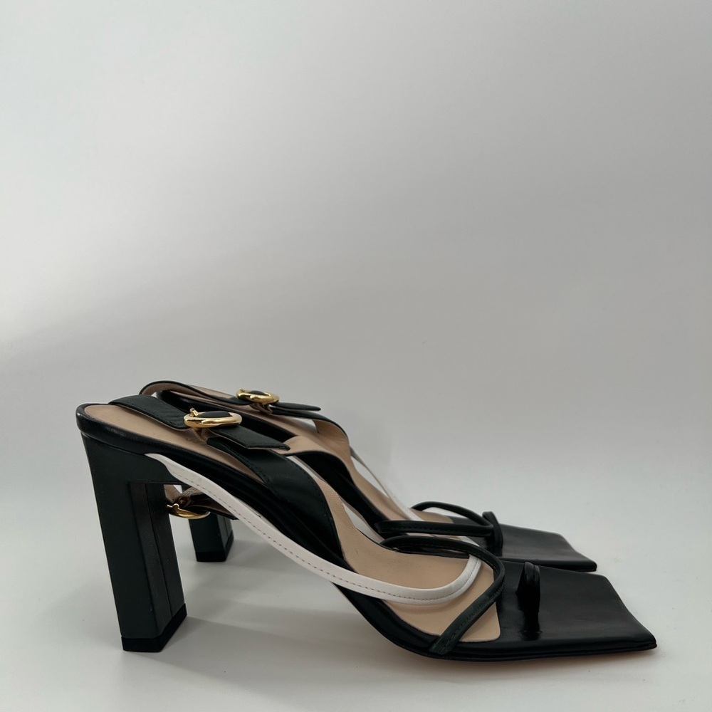 Wandler Eliza Square Toe Strappy Toe Ring Heel Sandals Black White Gold Buckle